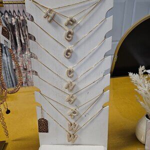 Gold with silver rhinestone bubble letters necklace